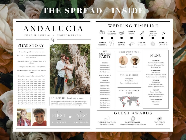 Pu&ograve; includere: Un annuncio di matrimonio con un designo in bianco e nero. L'annuncio include un programma del matrimonio, un menu e un elenco degli invitati al matrimonio. L'annuncio include anche una foto della coppia e una citazione sulla loro storia d'amore.
