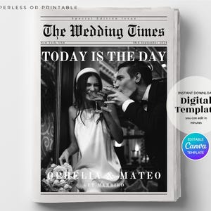Large Wedding Newspaper Template, Modern-Classic Wedding Folded Program, Printable Canva Wedding Day Timeline, DIY Custom Wedding Newspaper