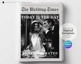 Large Wedding Newspaper Template, Modern-Classic Wedding Folded Program, Printable Canva Wedding Day Timeline, DIY Custom Wedding Newspaper