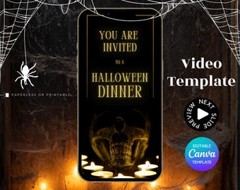 Dark Halloween Dinner Party Invite with Music, Spooky Skeleton Mobile Invite (Canva Template)
