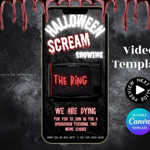 Adults Halloween Horror Movie Night Invite with Spooky Music, Editable Mobile Invitation (Canva Template) image 1