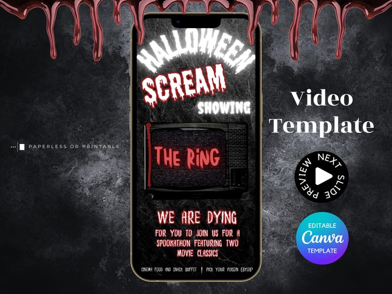 Adults Halloween Horror Movie Night Invite with Spooky Music, Editable Mobile Invitation (Canva Template) image 1
