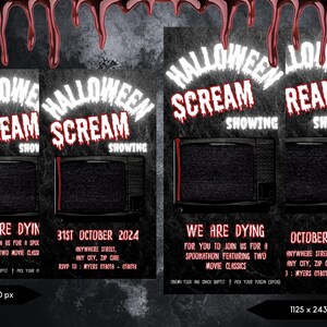 May include: A Halloween-themed poster with the words "Halloween Scream" in white, dripping font. The poster features a vintage television graphic and the text "We are Dying" and "31st October 2024".