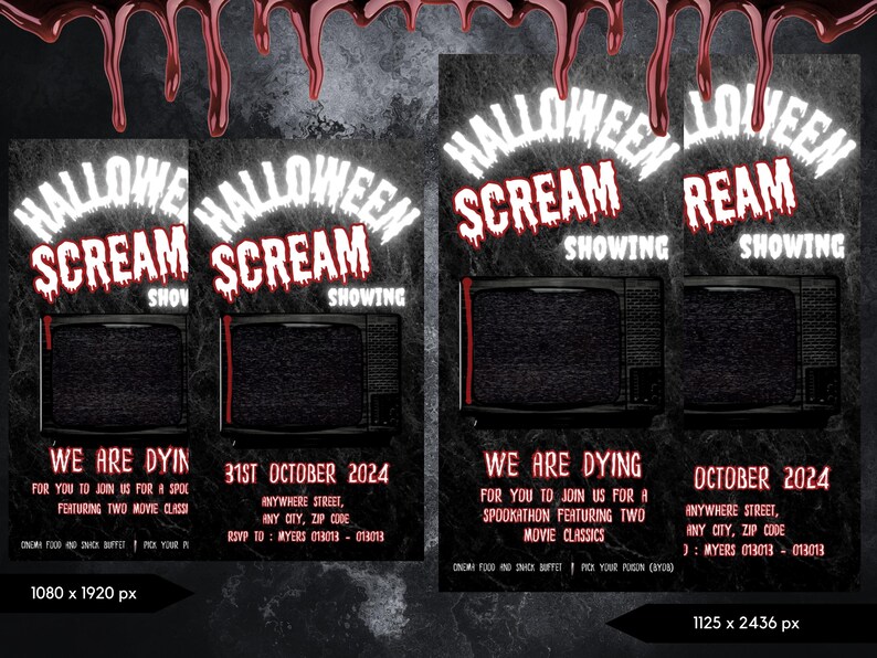 May include: A Halloween-themed poster with the words "Halloween Scream" in white, dripping font. The poster features a vintage television graphic and the text "We are Dying" and "31st October 2024".