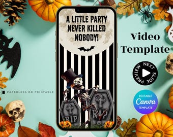 Kids Halloween Party Digital Invite with Funny Dancing Skeleton and Music (Canva Template)