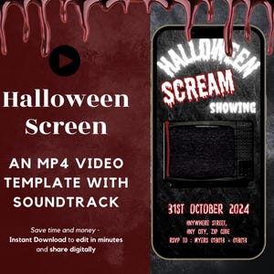 May include: A digital Halloween-themed invitation template. The design features the words "Halloween Screen" and "Scream Showing" with a static TV screen graphic. The date "31st October 2024" is also displayed.
