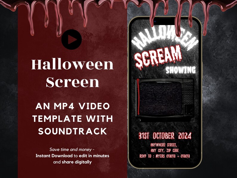 May include: A digital Halloween-themed invitation template. The design features the words "Halloween Screen" and "Scream Showing" with a static TV screen graphic. The date "31st October 2024" is also displayed.