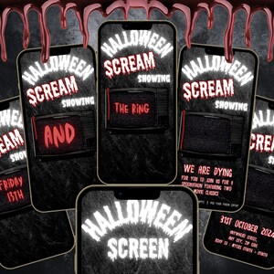 May include: A digital invitation design for a Halloween movie night, featuring multiple smartphone screens. Each screen displays "Halloween Scream Showing" with movie titles and dates. The design includes dripping blood and a dark, textured background.