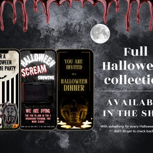 May include: A promotional image for a Halloween collection. The image features three smartphone screens with Halloween-themed graphics, including a skeleton, a TV screen, and a skull. The background is dark with a full moon and blood drips.