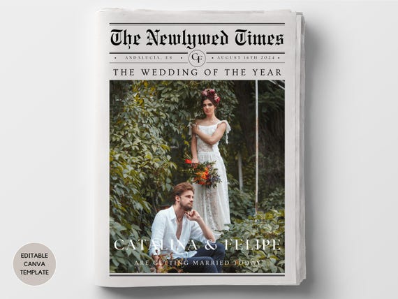 Newlywed Times Newspaper Template: Canva Wedding Day Timeline Infographic Program (Digital Download)