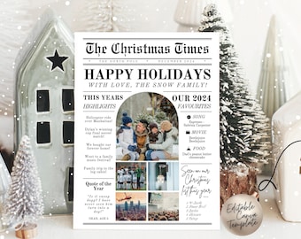 Plantilla de tarjeta navideña de resumen del año, plantilla de tarjeta navideña de periódico imprimible, plantilla de tarjeta navideña de What A Year, boletín de Navidad