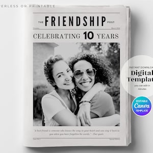 Personalised Friendship Newspaper Template: Unique Best Friend Anniversary Gift (Editable Canva Template, Instant Digital Download)
