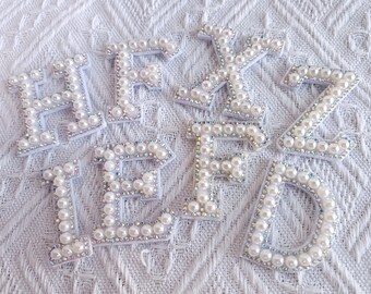 Pearl Inlay Letter Patch, Diy Name Letter Patch, Coloured zirconia border, Letters Iron On Patch Applique, Alphabet Patches For Clothing
