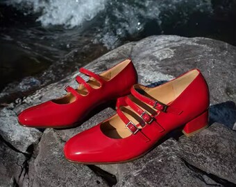 Three Straps Mary Jane, Vintage Red Mary Jane Pumps Shoes, Vegan Leather Mary Janes, Round Toe Mary Jane Pumps, Mary Jane Heel Shoes