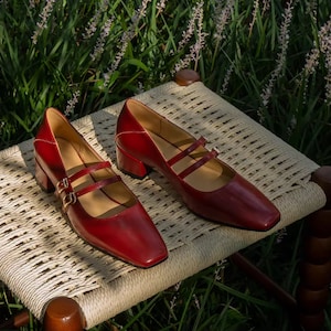 Double Straps Mary Jane, Leather Mary Janes Shoes, Vintage Square Toe Mary Jane Pumps, Red Black Silver Mary Jane Heel Shoes