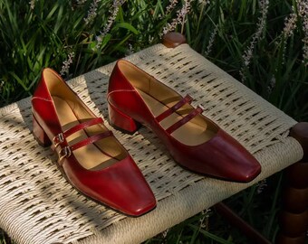 Double Straps Mary Jane, Leather Mary Janes Shoes, Vintage Square Toe Mary Jane Pumps, Red Black Silver Mary Jane Heel Shoes