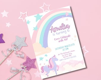 Editable Unicorn Birthday Invitation, Rainbow Party Template (Digital Download)