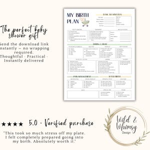 May include: A printable birth plan template with sections for basic information, labor preferences, and after-birth care. The document includes a stroller graphic and the text "My Birth Plan". The background is a soft cream color.
