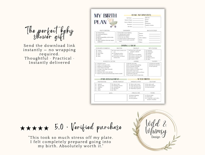 May include: A printable birth plan template with sections for basic information, labor preferences, and after-birth care. The document includes a stroller graphic and the text "My Birth Plan". The background is a soft cream color.