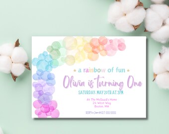1st Birthday Invitation, First Birthday Invitation, Rainbow Birthday Invite, editable template, Rainbow of Fun.