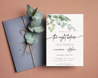 May include: A white invitation card with green foliage and the text "please join us the night before for a rehearsal & dinner celebrating vivienne + stephen Saturday, May 11th The Bowery Hotel 4PM Rehearsal 6PM Dinner New York, NY 10003 please RSVP to anna 917.555.9959 or anna@gmail.com"