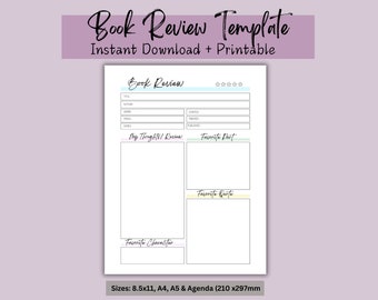 Könnte beinhalten: Eine druckbare Buchrezensionsvorlage mit dem Titel "Book Review Template" in einer handschriftlichen Schriftart. Die Vorlage enthält Abschnitte für Titel, Autor, Genre, Seiten, Serie und einen Platz, um Gedanken, Lieblingsteil, Zitat und Charakter zu schreiben. Größen: A4, A5 & Agenda (210x297mm).