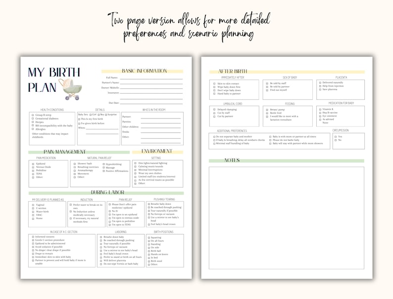 May include: A two-page birth plan template with sections for basic information, health conditions, pain management, and after-birth preferences. The text "My Birth Plan" is at the top, with the phrase "Two page version allows for more detailed preferences and scenario planning" above the plan.