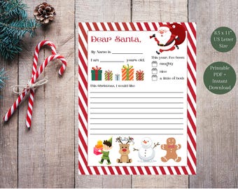 Carta imprimible a Papá Noel para niños Querido Papá Noel Plantilla de carta Tradición navideña Actividad infantil Recuerdo Correo del Polo Norte Lista de deseos navideños