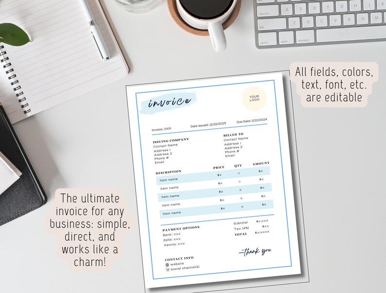 Modern Invoice Template - Editable and Printable (set of 5 Colors) - Etsy
