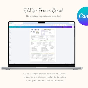 May include: A laptop displaying a birth plan template with the text "MY BIRTH PLAN". The screen also shows the Canva logo. Additional text reads "Edit for Free on Canva!" and "No design experience needed."