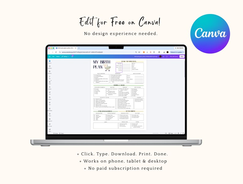 May include: A laptop displaying a birth plan template with the text "MY BIRTH PLAN". The screen also shows the Canva logo. Additional text reads "Edit for Free on Canva!" and "No design experience needed."