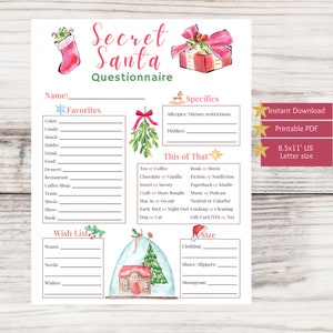 Secret Santa Survey | Christmas Gift Exchange Questions | Instant Download | Printable Secret Santa Questionnaire | Christmas
