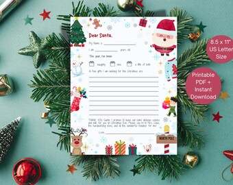 Carta imprimible a Papá Noel para niños Querido Papá Noel Plantilla de carta Tradición navideña Actividad infantil Recuerdo Correo del Polo Norte Lista de deseos navideños