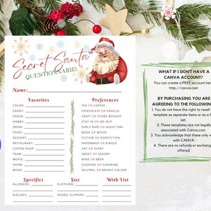 Printable Secret Santa Questionnaire | Christmas Work/family/friends Party Gift Exchange Survey ...