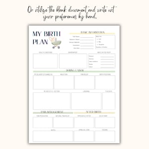 May include: A printable birth plan template with sections for health conditions, labor details, and after-birth information. The document includes the text "MY BIRTH PLAN" and "Or utilize the blank document and write out your preferences by hand."