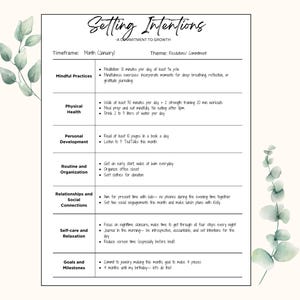 Op de afbeelding: Een plannerpagina getiteld "Setting Intentions" met een thema van toewijding aan groei. De pagina bevat secties voor mindfulness-praktijken, fysieke gezondheid, persoonlijke ontwikkeling, routine, relaties, zelfzorg en doelen. Decoratieve aquarel eucalyptusbladeren omlijsten de pagina.