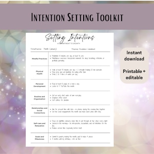 May include: A printable intention setting toolkit with a white background and a pink and purple gradient background. The toolkit includes a list of categories such as mindful practices, physical health, personal development, routine and organization, relationships and social connections, self-care and relaxation, and goals and milestones. Each category has a list of intentions to set for the month of January.