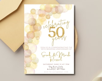 Sjabloon uitnodiging 50e huwelijksverjaardag, uitnodiging gouden jubileum, bewerkbare afdrukbare download, Cheers to 50 Years