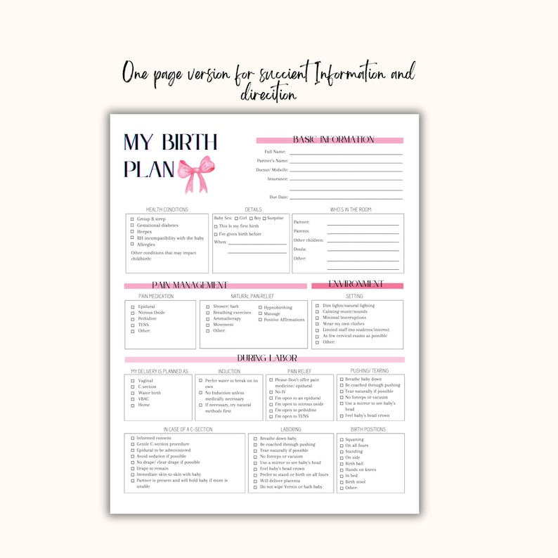 Pink Birth Plan Template | Canva Editable Birth Plan | Pregnancy ...