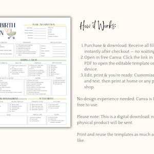 May include: A printable birth plan template with sections for basic information, health conditions, and labor preferences. The design includes a baby carriage illustration and the text "MY BIRTH PLAN". Instructions for use are also included.