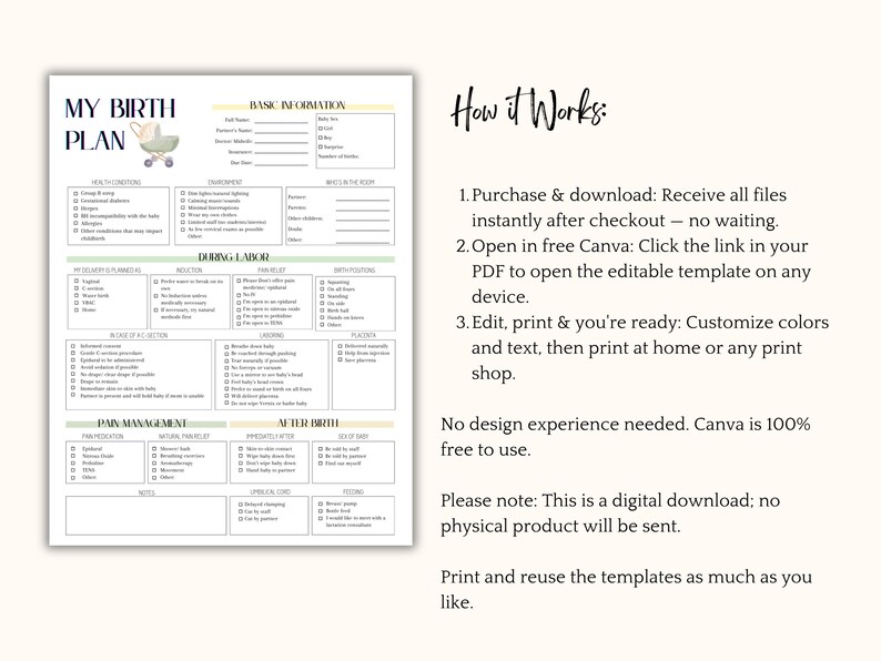 May include: A printable birth plan template with sections for basic information, health conditions, and labor preferences. The design includes a baby carriage illustration and the text "MY BIRTH PLAN". Instructions for use are also included.