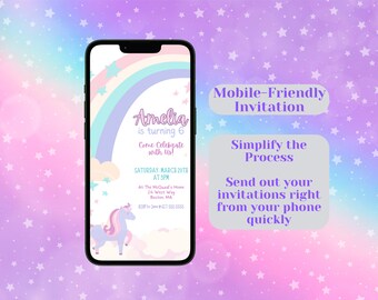 Può includere: Lo schermo di un telefono cellulare che mostra un invito di compleanno per il sesto compleanno di Amelia. L'invito presenta un arcobaleno, stelle e un unicorno. Il testo dell'invito recita: "Amelia compie 6 anni. Vieni a festeggiare con noi! Sabato 20 marzo alle 15:00. A casa dei McQuaid, 24 West Way, Boston, MA. RSVP al 617 555 5555."