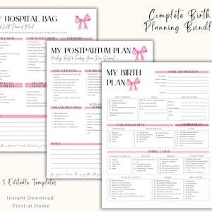 Komplett förlossningsplanpaket | Förlossningsplan + Checklista för sjukhusväska + Plan för efterförlossningen | Redigerbar Canvas-utskriftbar | Graviditetsplanerare för nedladdning