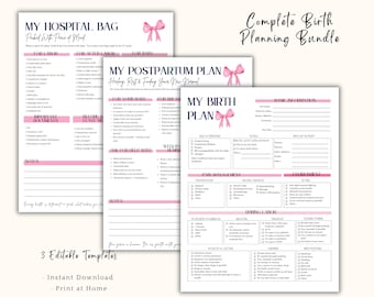 Complete Birth Plan Bundle | Birth Plan + Hospital Bag Checklist + Postpartum Plan | Editable Canva Printable | Pregnancy Planner Download