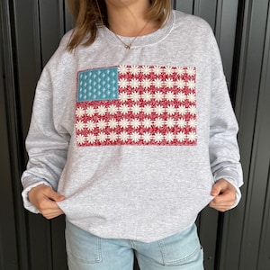 American Flag Quilted Pattern Pullover, Embroidered -- Fourth of July Sweatshirt