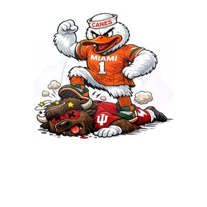 Può includere: Illustrazione di un cartone animato di un'anatra che indossa una maglia da football dei Miami Hurricanes e un cappello da marinaio con la scritta "CANES". L'anatra è in piedi su un toro sconfitto. Il toro indossa una maglia rossa con una "U" bianca.