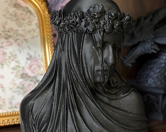 3D Printed Gothic Bust: Veiled Lady with Floral Crown, Dark Fantasy Decor