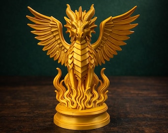 3D Printed Golden Dragon Statue: Fantasy Gothic Mythical Decor