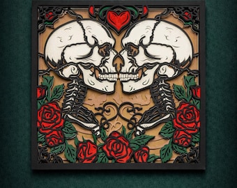 Gothic Skeletal Lovers Wall Art: Dark Romance Roses Layered Decor
