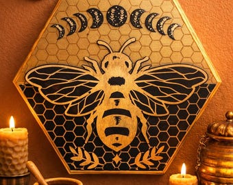 Hexagonal Bee Wall Art: Celestial Moon Phases, Witchy Boho Decor